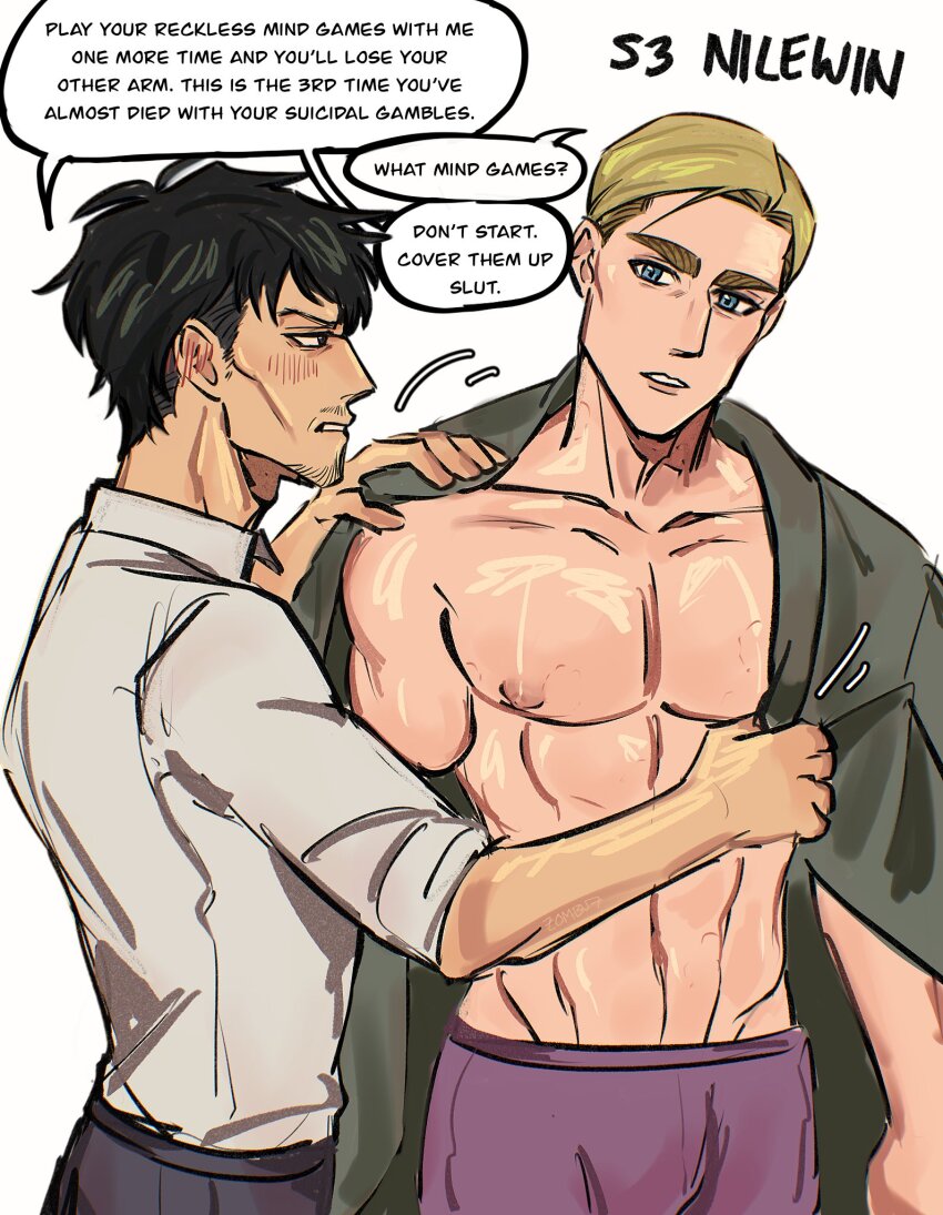 2boys abs amputee bara bare_pectorals blush bulge cheekbones cowboy_shot dressing_another english_text erwin_smith eye_contact highres looking_at_another male_focus mature_male multiple_boys nile_dok nipples pectorals shingeki_no_kyojin short_hair shy standing thick_eyebrows yaoi zombu7