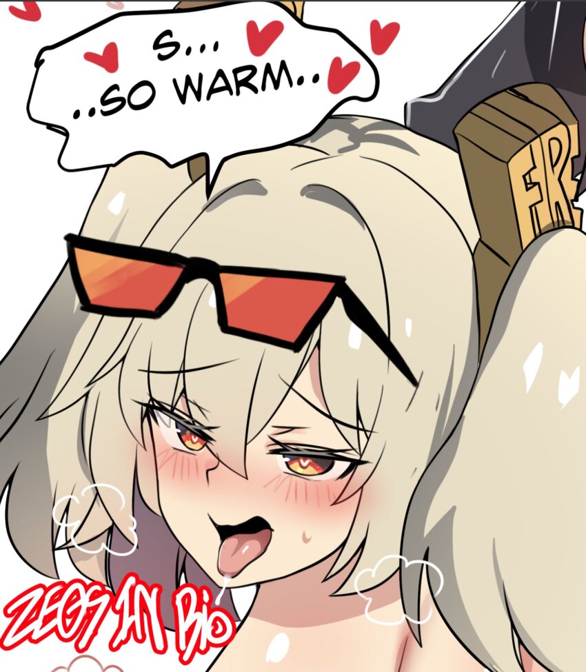 1girl blonde_hair blush burnice_white commentary eyewear_on_head heart highres hinghoi open_mouth orange_eyes speech_bubble sunglasses tongue tongue_out white_background zenless_zone_zero