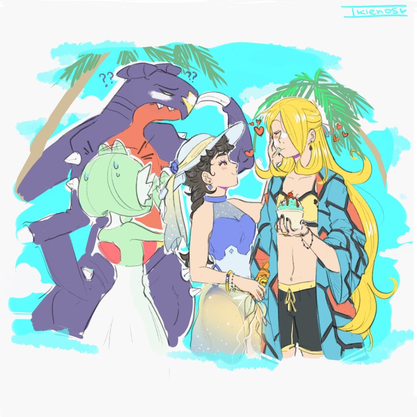 3girls ? ?? absurdres blonde_hair blue_skin blue_sky bob_cut brown_hair closed_eyes colored_skin creatures_(company) cynthia_(pokemon) diantha_(pokemon) dragon earrings game_freak garchomp gardevoir gen_3_pokemon gen_4_pokemon green_hair green_skin heart highres jewelry long_hair midriff multicolored_skin multiple_girls nintendo niosklastenos palm_tree pokemon pokemon_(creature) pokemon_dppt pokemon_xy see-through_clothes shorts sky smile tree two-tone_skin white_skin