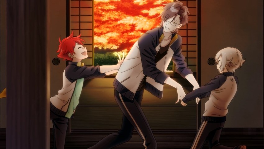 10s 3boys aizen_kunitoshi akashi_kuniyuki anime_screenshot bandaid bandaid_on_face bandaid_on_nose black_hair flipped_hair green_eyes holding_hands hotarumaru jacket leg_up looking_at_another looking_down male_focus multiple_boys official_art open_clothes open_jacket open_mouth pants pushing raglan_sleeves red_hair silver_hair smile sunset touken_ranbu touken_ranbu:_hanamaru track_jacket track_pants track_suit window yellow_eyes