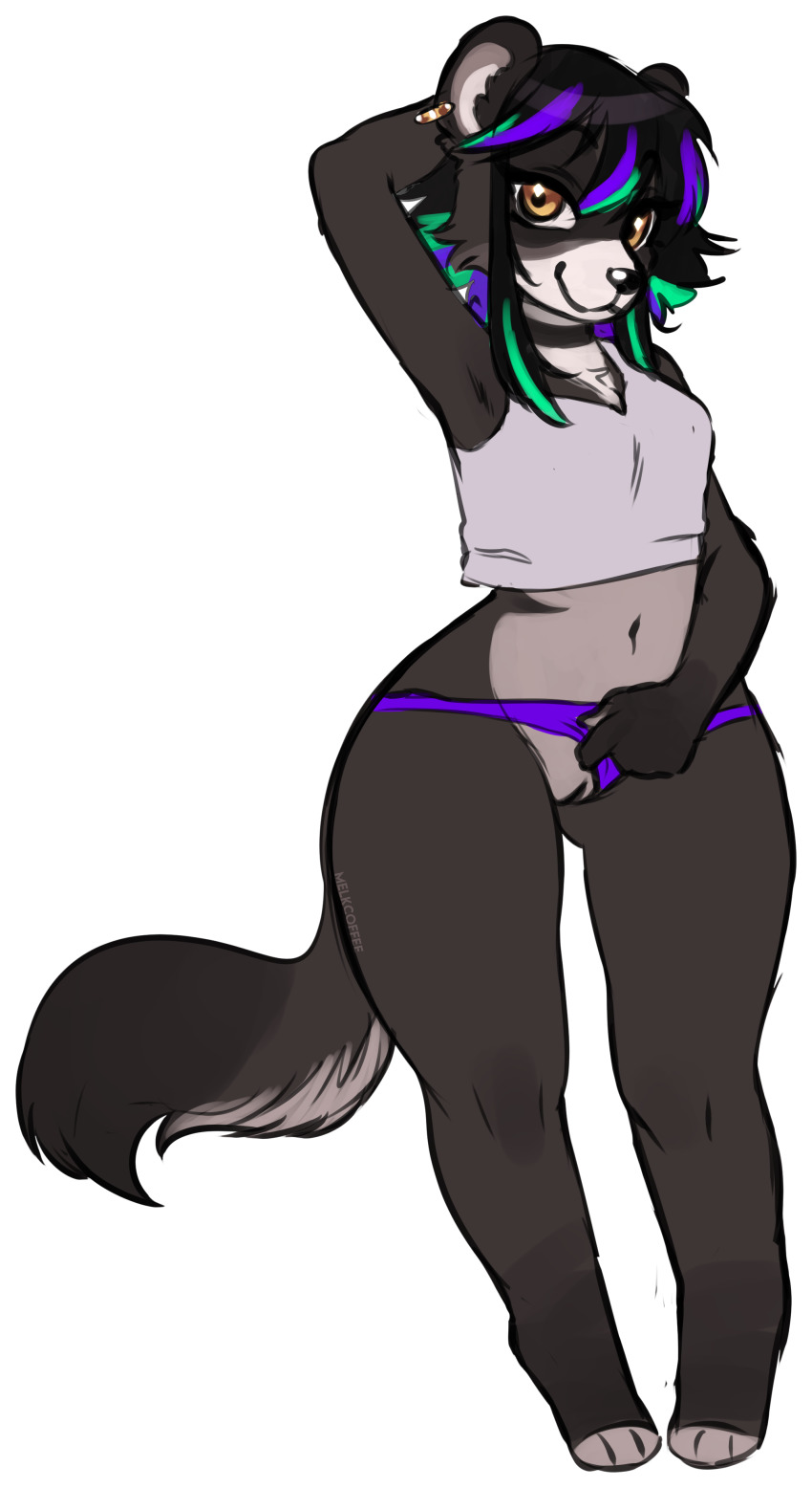 1girl absurdres bare_shoulders breasts crop_top crop_top_overhang furry furry_female highres looking_at_viewer melkcoffee midriff navel orange_eyes original panties panty_pull self-upload shirt short_hair sketch sleeveless sleeveless_shirt smile solo stomach underwear