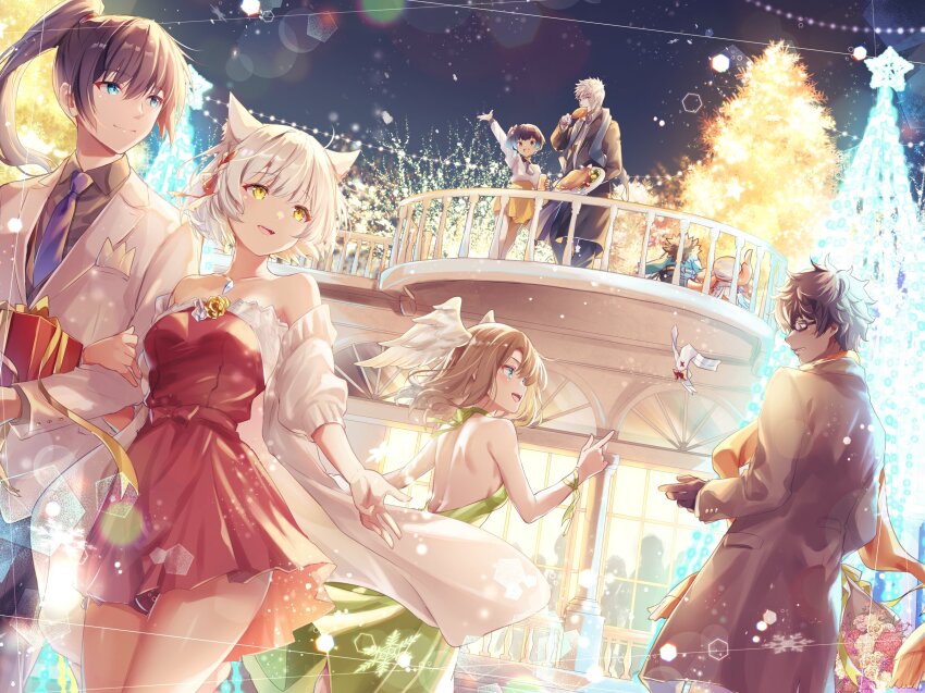 3boys 3girls animal_ears black_hair brown_hair cat_ears christmas christmas_ornaments christmas_tree dark-skinned_male dark_skin eunie_(xenoblade) formal_clothes head_wings highres lanz_(xenoblade) mio_(xenoblade) multiple_boys multiple_girls noah_(xenoblade) ponytail smile suit taion_(xenoblade) ui_frara wings xenoblade_chronicles_(series) xenoblade_chronicles_3