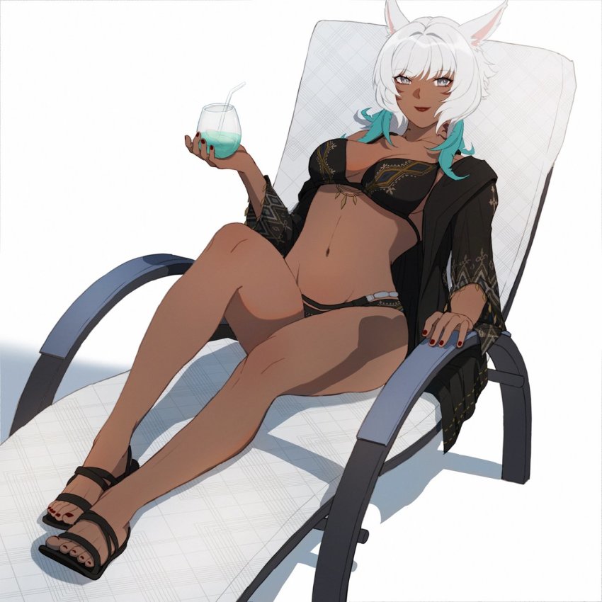 1girl animal_ears beach_chair bikini black_bikini cat_ears cat_tail cup dark-skinned_female dark_skin drinking_glass drinking_straw final_fantasy final_fantasy_xiv grey_eyes highres looking_at_viewer lyra-kotto miqo&#039;te nail_polish navel off_shoulder reclining sandals simple_background smile solo stomach swimsuit tail white_hair y&#039;shtola_rhul