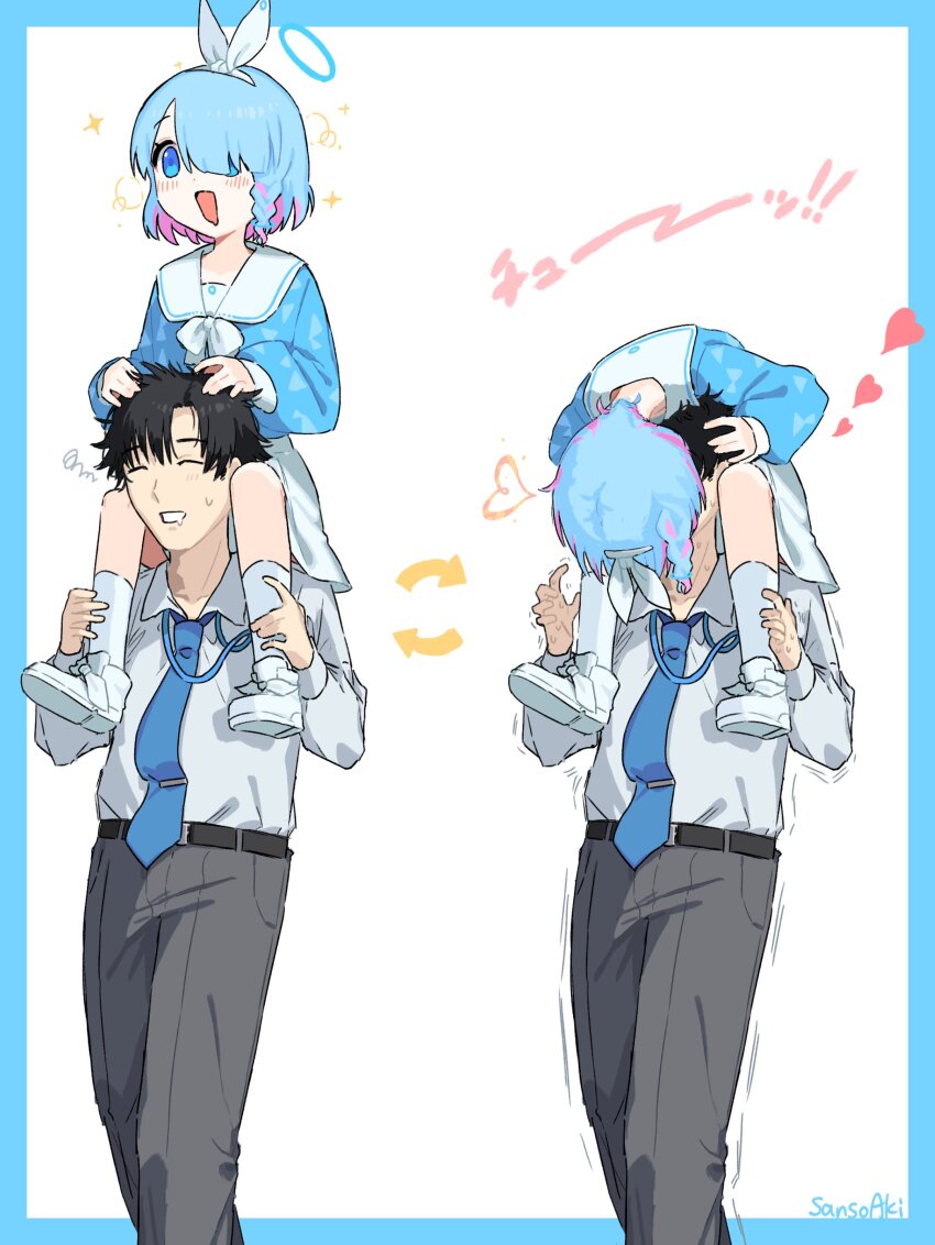 1boy 1girl absurdres arona_(blue_archive) black_hair blue_archive blue_border blue_eyes blue_hair blue_necktie blue_shirt blush border carrying collared_shirt colored_inner_hair commentary_request grey_pants grin hair_over_one_eye halo heart highres kiss light_blue_hair multicolored_hair multiple_views necktie pants pink_hair sailor_collar sailor_shirt sanso_aki sensei_(blue_archive) shirt shirt_tucked_in short_hair shoulder_carry smile socks white_footwear white_shirt white_socks