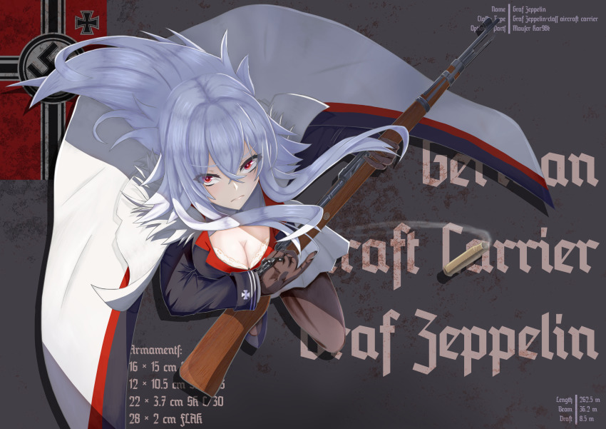 1girl 2019 absurdres azur_lane breasts bullet_casing cape character_name cleavage cross english_text german_text gloves graf_zeppelin_(azur_lane) gun highres iron_cross kar98k large_breasts leggings long_hair looking_at_viewer nazi_flag nikkytae red_eyes rifle swastika weapon white_gloves