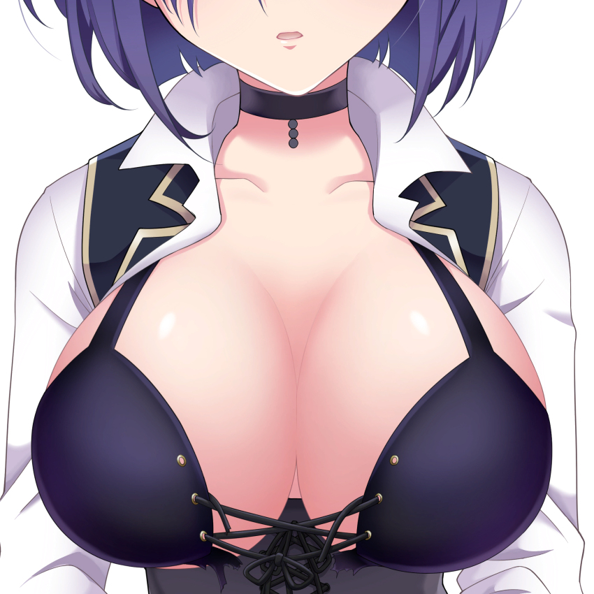 1girl alternate_breast_size black_bra bra breast_growth breasts choker cleavage collarbone face_cutout front-tie_bra highres huge_breasts kurosaki_mei omega_labyrinth_life open_clothes open_mouth purple_hair school_uniform short_hair simple_background torn_bra torn_clothes u35 underwear white_background