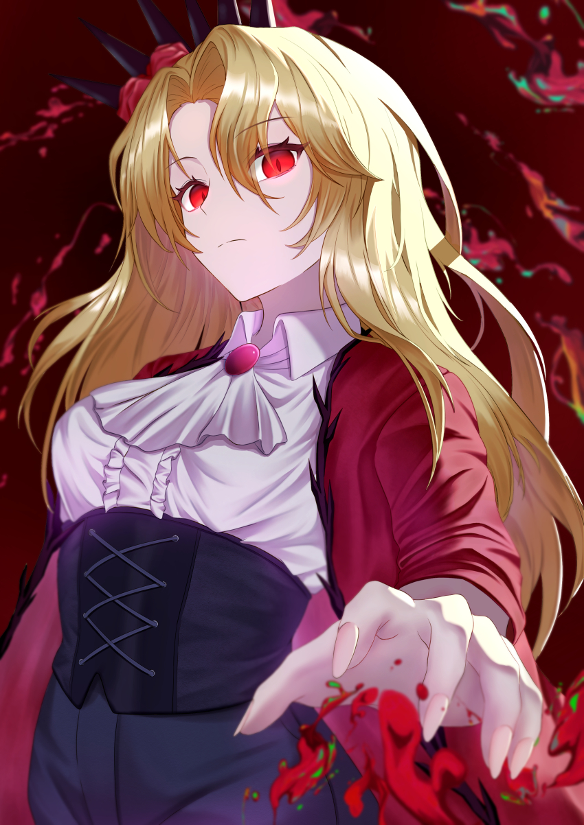 1girl absurdres ascot black_pants blonde_hair blood don_quixote_(project_moon) highres light_frown limbus_company long_hair long_sleeves oparusu pants project_moon red_background red_eyes short_hair smile white_ascot