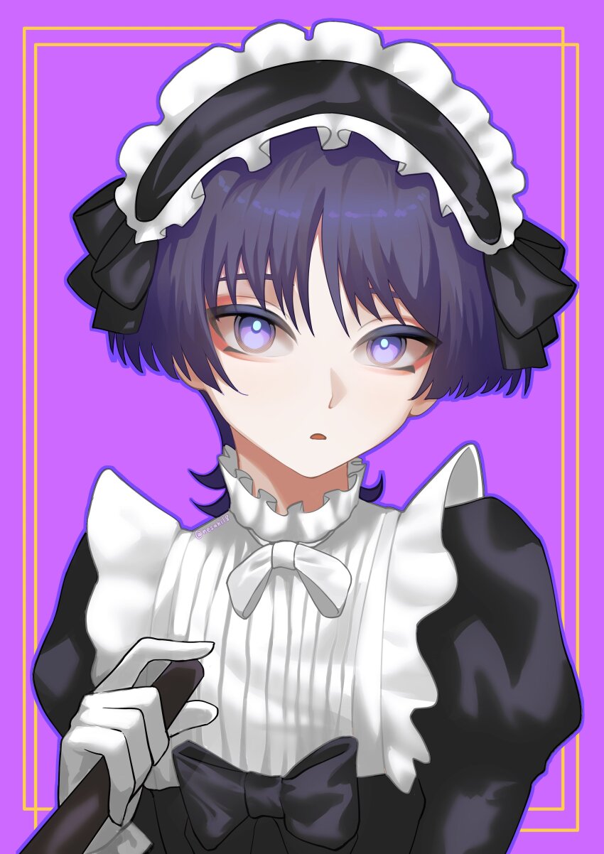 1boy absurdres alternate_costume apron black_bow black_dress black_hairband black_sleeves blunt_ends border bow bowtie bright_pupils collar crossdressing dress enmaided eyeliner eyeshadow frilled_collar frilled_hairband frills genshin_impact gloves hair_bow hairband highres holding juliet_sleeves long_sleeves looking_at_viewer maid maid_apron maid_headdress makeup male_focus male_maid nesaki open_mouth puffy_sleeves purple_background purple_eyes purple_hair red_eyeliner red_eyeshadow scaramouche_(genshin_impact) solo twitter_username upper_body white_apron white_bow white_bowtie white_gloves white_pupils yellow_border