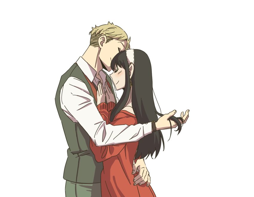 1boy 1girl ayamame bare_shoulders black_hair blonde_hair blush closed_eyes couple earrings green_pants hairband hand_in_another&#039;s_hair hand_on_another&#039;s_chest highres hug husband_and_wife jewelry long_hair long_sleeves pants red_sweater shirt sidelocks smile spy_x_family sweater twilight_(spy_x_family) white_background white_hairband yor_briar