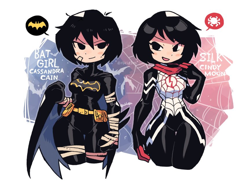 2girls absurdres animification batgirl batgirl_costume batman_(series) belt black_bodysuit black_eyes black_gloves black_hair bodysuit breasts cape cassandra_cain character_name cindy_moon clenched_hands crossover dc_comics gloves highres looking_at_another marvel mask mask_pull medium_breasts multiple_girls no_mask rariatto_(ganguri) short_hair silk silk_(marvel) smile spider-man_(series) spider_web superhero_costume utility_belt wide_hips