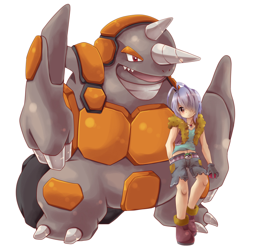 absurdres androgynous creatures_(company) game_freak gen_4_pokemon gender_request gloves grey_hair hair_over_one_eye highres nintendo pokemon pokemon_(creature) red_eyes rhyperior short_hair solo urara_(sumairuclover)