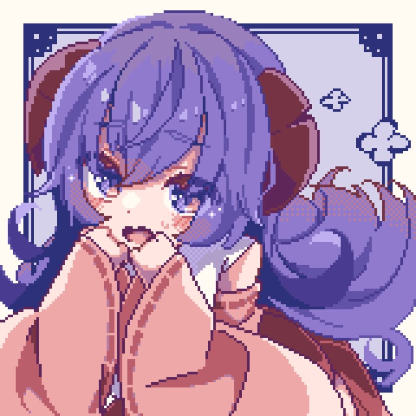 1girl blue_background blush commentary detached_sleeves hakama hanyuu highres higurashi_no_naku_koro_ni horns housuke_(flb66i2qnuqy63f) japanese_clothes long_hair miko open_mouth pink_shirt pixel_art purple_hair red_hakama ribbon-trimmed_sleeves ribbon_trim shirt solo sweatdrop