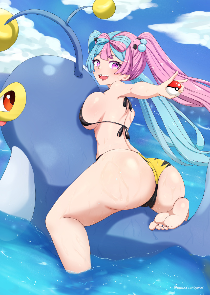 1girl absurdres alternate_costume ass bikini breasts creatures_(company) emixxart game_freak gen_2_pokemon highres huge_ass iono_(pokemon) lanturn large_breasts nintendo pokemon pokemon_sv swimsuit twintails