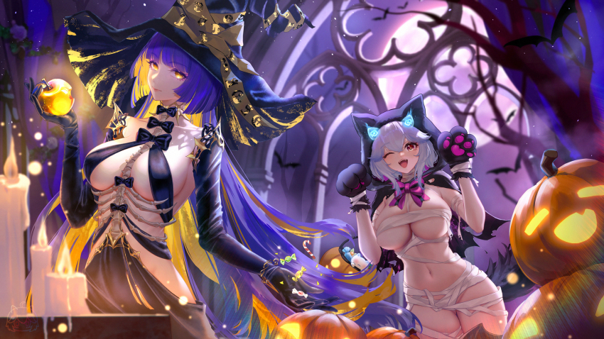 2girls :d animal_ears animal_hood apple black_hood blush breasts candle candlelight character_request colored_inner_hair copyright_request dress food fruit ghost_costume gloves golden_apple halloween halloween_costume happy_halloween hat highres holding holding_food holding_fruit hood large_breasts liu_liaoliao long_hair long_sleeves looking_at_viewer multicolored_hair multiple_girls mummy_costume one_eye_closed open_mouth original paw_pose pumpkin purple_eyes smile tagme very_long_hair witch_hat yellow_eyes