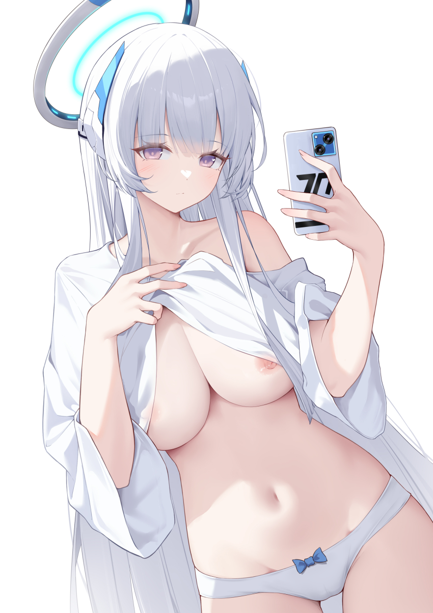 1girl absurdres alternate_costume blue_archive bow bow_panties breasts closed_mouth clothes_lift commentary_request halo headgear highres holding holding_phone large_breasts lifting_own_clothes long_hair looking_at_viewer navel nipples no_bra noa_(blue_archive) oversized_clothes oversized_shirt panties phone purple_eyes selfie shirt shirt_lift shixuexiao simple_background single_bare_shoulder single_off_shoulder sleeves_past_elbows solo stomach underwear upper_body very_long_hair white_background white_hair white_halo white_panties white_shirt