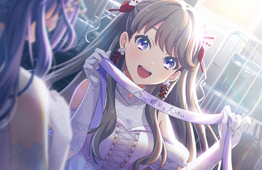 2girls :d aurora_flower_(love_live!) backstage blurry blurry_foreground breasts brown_hair butterfly_hair_ornament cleavage clothing_cutout cross-laced_clothes cross-laced_top dutch_angle elbow_gloves fujishima_megumi game_cg gloves hair_ornament highres holding holding_ribbon indoors link!_like!_love_live! long_hair looking_at_another love_live! medium_breasts multiple_girls official_art open_mouth otomune_kozue puffy_short_sleeves puffy_sleeves purple_eyes purple_hair ribbon see-through_cleavage see-through_clothes shelf shirt short_sleeves shoulder_cutout smile solo_focus teeth third-party_source translation_request two_side_up upper_body upper_teeth_only virtual_youtuber white_gloves white_shirt