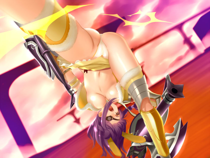 1girl aoi_mug armor ass braid breasts character_request eyepatch female_focus fighting fur gloves greaves large_breasts leg_up long_hair navel open_mouth original panties purple_hair solo spread_legs thong underboob underwear weapon yellow_eyes