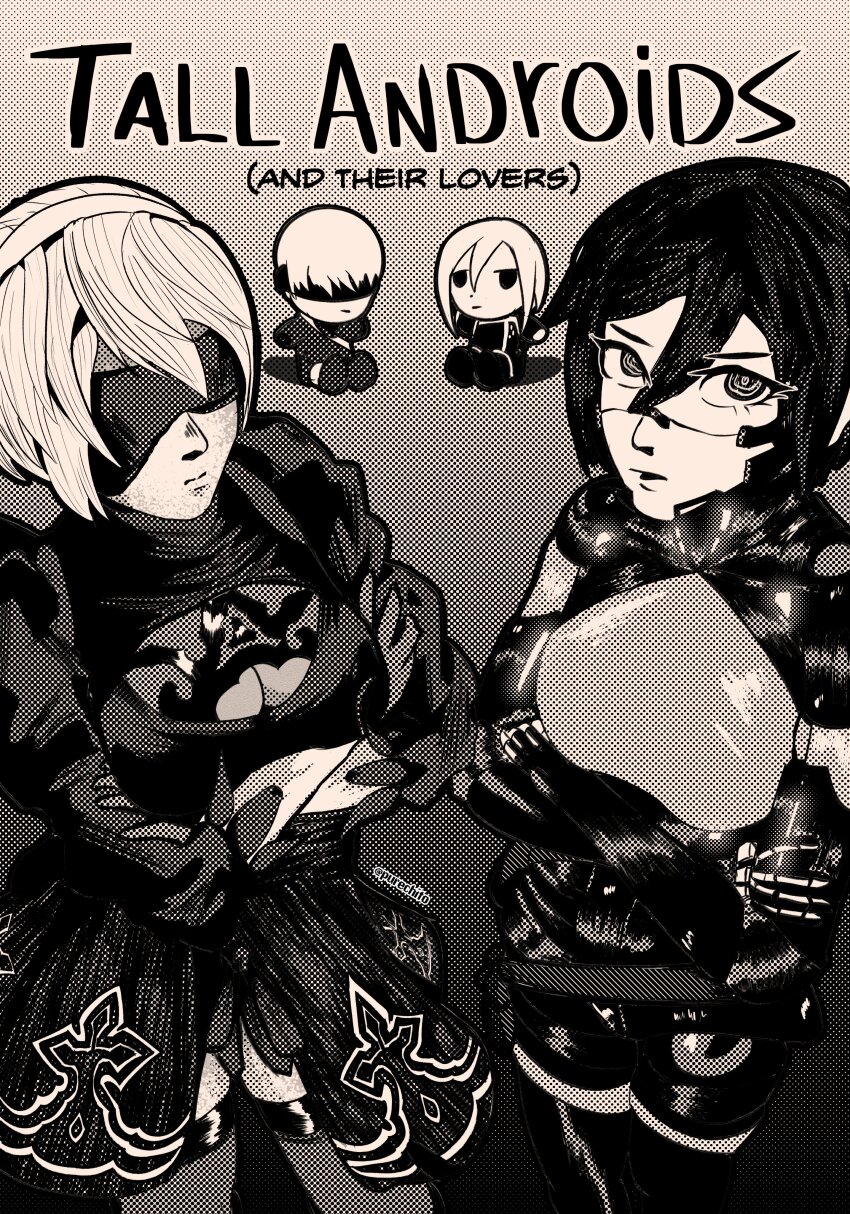 2b_(nier:automata) 3girls 9s_(nier:automata) absurdres android ariane_yeong black_blindfold black_hairband blindfold breasts clothing_cutout covered_eyes cyberpunk elster_(signalis) feather-trimmed_sleeves hairband highres joints juliet_sleeves long_sleeves looking_at_viewer metal_skin multiple_girls nier:automata nier_(series) no_feet puffy_sleeves purechito robot_girl robot_joints short_hair signalis toy