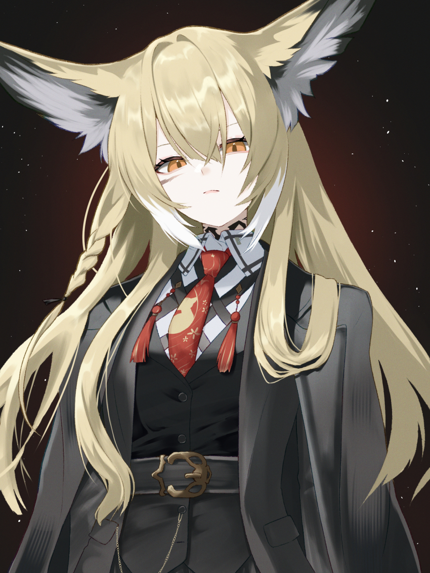 1girl absurdres animal_ear_fluff animal_ears arknights belt belt_buckle black_belt black_jacket black_vest blonde_hair buckle buttons closed_mouth collared_shirt commentary_request dr.lamina facial_scar hair_between_eyes hair_intakes highres jacket light_particles looking_at_viewer multicolored_hair necktie open_clothes open_jacket orange_eyes partial_commentary red_necktie scar scar_on_cheek scar_on_face shirt sidelocks solo streaked_hair tassel vest vulpisfoglia_(arknights) white_hair white_shirt