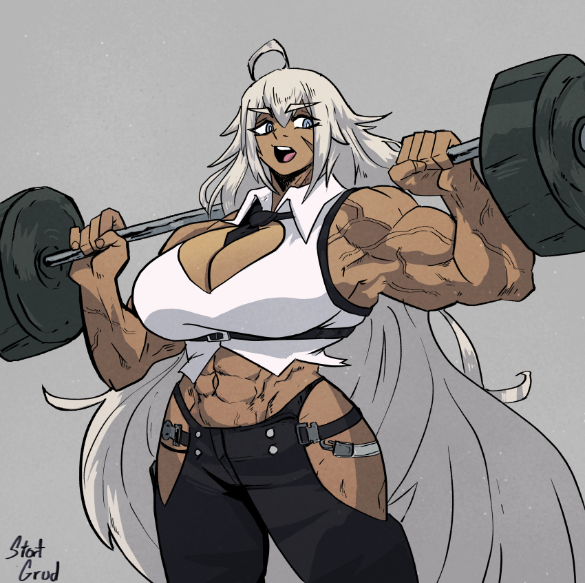 abs absurdly_long_hair absurdres ahoge alternate_breast_size artist_name azur_lane belt blue_eyes breasts collar dark-skinned_female dark_skin exercising grey_background highres huge_breasts indiana_(azur_lane) long_hair muscular muscular_arms muscular_female necktie open_mouth pants stort_grud veins veiny_arms very_long_hair weightlifting weights white_hair