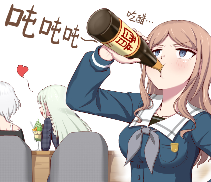 3girls alcohol anglediana bang_dream! bang_dream!_it&#039;s_mygo!!!!! black_shirt blue_eyes blue_shirt blush bottle brown_hair chinese_commentary commentary_request drinking green_hair hug kaname_raana katyusha_chug_(meme) long_hair long_sleeves matcha_parfait meme mortis_(bang_dream!) multiple_girls nagasaki_soyo school_uniform shirt short_hair translation_request tsukinomori_school_uniform unmoving_pattern wakaba_mutsumi white_hair