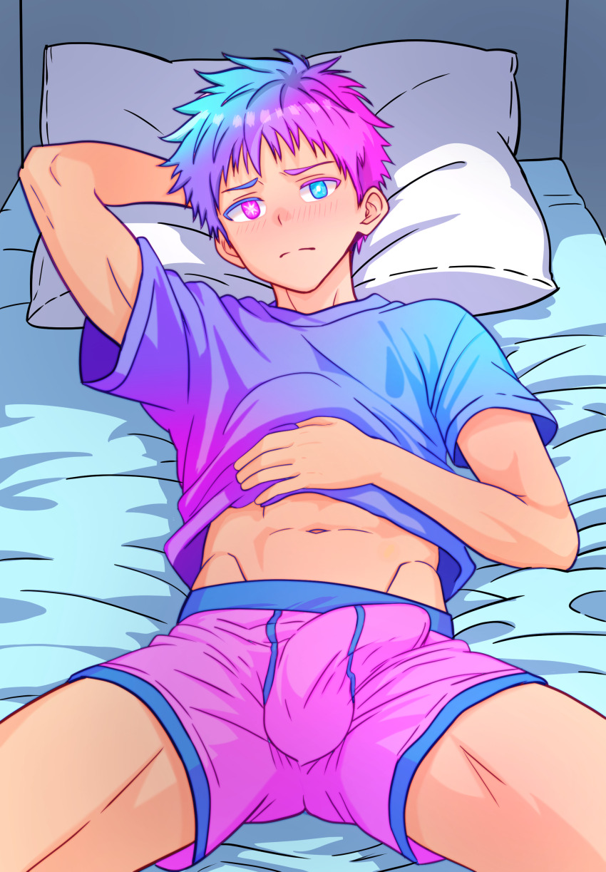 1boy absurdres arm_behind_head bed bed_sheet blue_eyes blue_hair blush bulge clip_studio_paint_(medium) closed_mouth clothes_lift gradient_clothes gradient_hair gradient_shirt heterochromia highres light_frown lightbunnyart looking_at_viewer lying male_focus male_underwear multicolored_hair navel on_back on_bed original pillow pink_hair purple_eyes purple_hair purple_male_underwear shirt shirt_lift short_hair short_sleeves solo split_mouth symbol-shaped_pupils t-shirt underwear