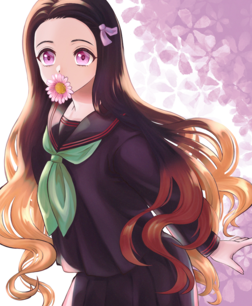 1girl black_hair black_sailor_collar black_serafuku black_shirt black_skirt blonde_hair collared_shirt floating_hair flower gradient_hair green_neckerchief hair_ribbon highres kamado_nezuko kimetsu_gakuen kimetsu_no_yaiba leaning_forward long_hair long_sleeves multicolored_hair neckerchief orange_hair pink_eyes pink_flower pink_ribbon pleated_skirt ribbon sailor_collar sailor_shirt school_uniform serafuku sha_(pixiv45667405) shirt skirt solo standing very_long_hair