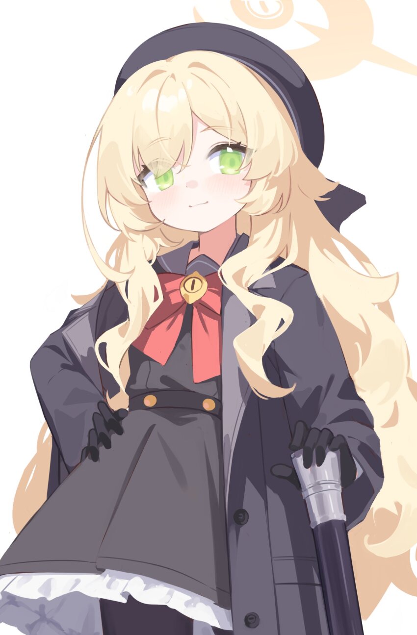 1girl absurdres black_coat black_gloves black_pantyhose black_sailor_collar black_serafuku blonde_hair blue_archive cane coat commentary_request dress fluffy_hair gloves green_eyes hair_between_eyes halo hat highres holding holding_cane klaius long_hair long_sleeves looking_at_viewer open_clothes open_coat pantyhose professor_niyaniya_(blue_archive) sailor_collar sailor_dress school_hat school_uniform serafuku sidelocks simple_background smile solo white_background