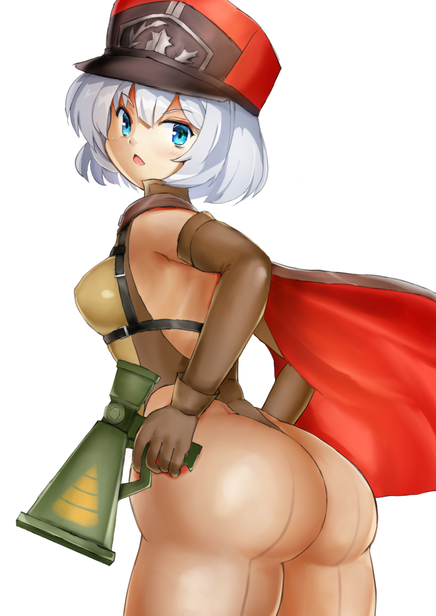 1girl ass blue_eyes blush bodysuit breasts chest_harness elbow_gloves from_behind gloves hair_between_eyes harness hat highres kepi last_origin leotard looking_at_viewer megaphone military_hat pomechin_(mvst2573) red_hood_(last_origin) short_hair silver_hair simple_background small_breasts solo triangle_mouth white_background