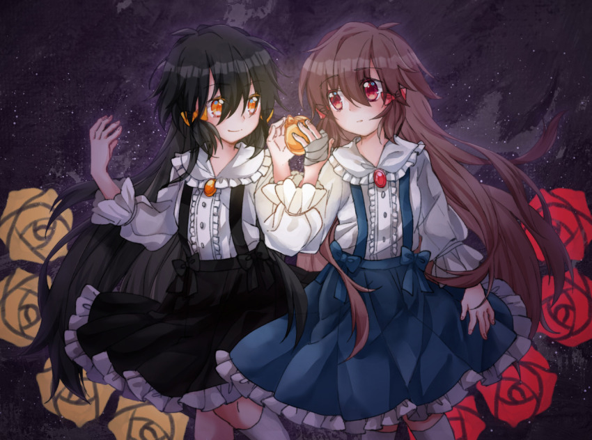 2girls black_hair bow brown_hair dress enjel floral_background flower hair_bow holding_hands long_hair looking_at_another matching_outfits multiple_girls orange_eyes pale_skin pocket_mirror protagonist_(pocket_mirror) red_eyes red_flower red_rose ringbell666 rose star_(symbol) star_symbol_background wavy_hair yellow_flower yellow_rose