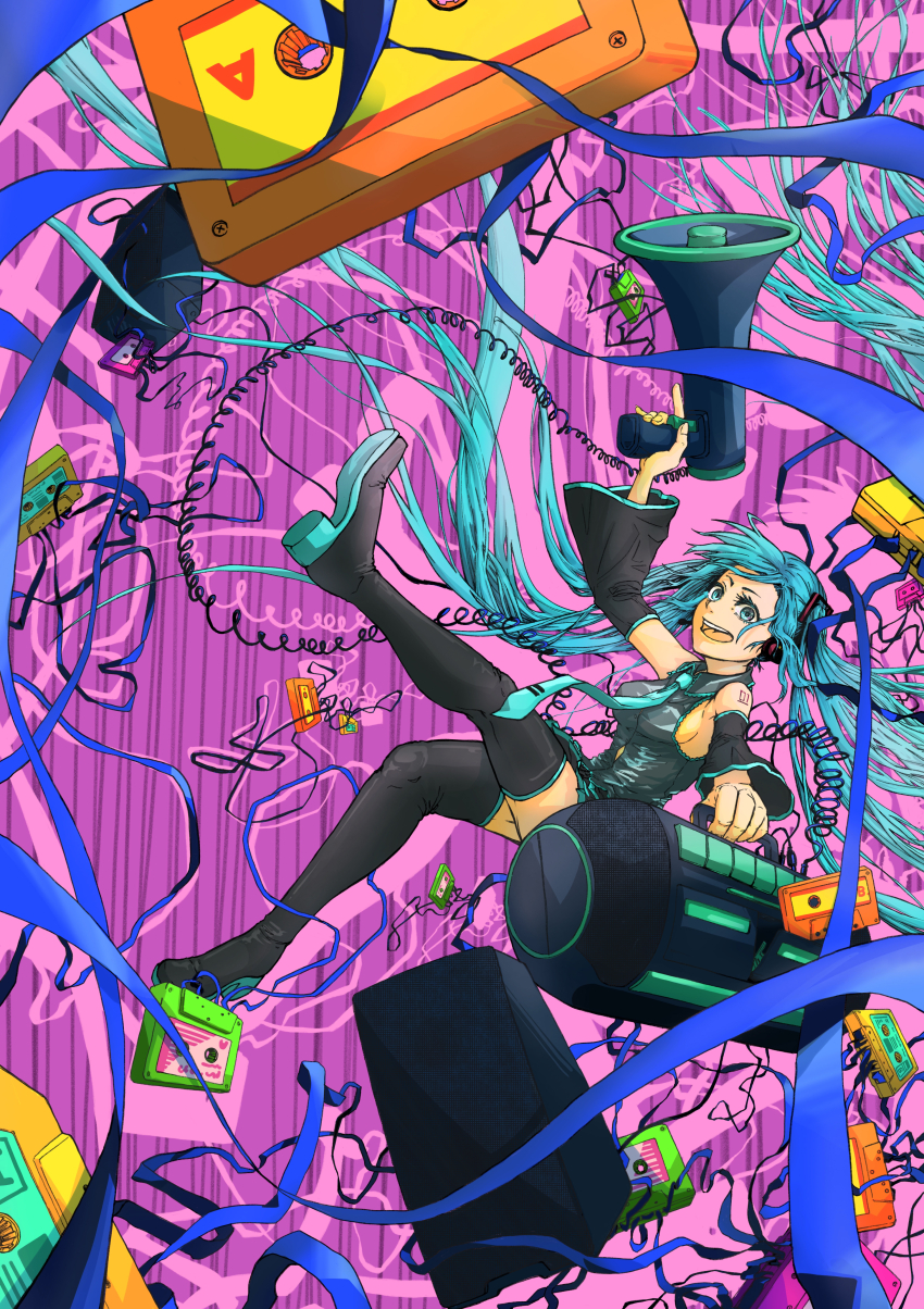 1girl 510f absurdres aqua_necktie black_shirt black_skirt blue_eyes blue_hair boombox boots breasts cassette_tape detached_sleeves drop_shadow falling hatsune_miku highres holding holding_boombox holding_megaphone megaphone necktie open_mouth shirt sideboob skirt solo speaker teeth thigh_boots tie_clip upper_teeth_only vocaloid