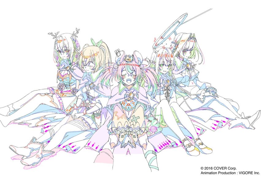 5girls animal_ears ceres_fauna ceres_fauna_(1st_costume) double_halo enigmatic_recollection feather_hair_ornament feathers hair_ornament hairpin hakos_baelz hakos_baelz_(1st_costume) halo holocouncil hololive hololive_english horns irys_(hololive) irys_(irys_2.0)_(hololive) long_hair looking_at_viewer mouse_ears mouse_girl mr._squeaks_(hakos_baelz) multiple_girls nanashi_mumei nanashi_mumei_(1st_costume) official_art ouro_kronii ouro_kronii_(1st_costume) pointy_ears ponytail short_hair sitting sketch star_halo twintails virtual_youtuber