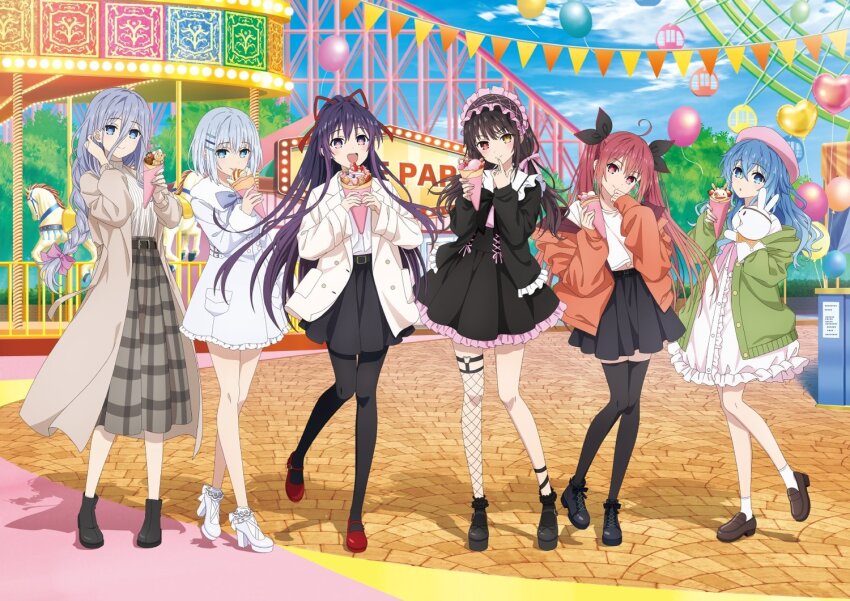 6+girls ahoge amusement_park balloon belt black_footwear black_hair black_pantyhose black_thighhighs blue_eyes blue_hair blue_sky brown_coat carousel cloud coat date_a_live day dress ferris_wheel fishnet_thighhighs fishnets food full_body garter_straps hair_between_eyes hair_ornament hair_ribbon hairband hairclip hand_puppet heterochromia high_heels himekawa_yoshino ice_cream_crepe itsuka_kotori legwear_garter lolita_hairband long_hair looking_at_viewer multiple_girls official_alternate_costume official_art open_mouth outdoors pantyhose pavement puppet purple_hair red_eyes red_hair ribbon shadow short_hair skirt sky smile takamiya_mio thighhighs third-party_source tobiichi_origami tokisaki_kurumi tree twintails white_dress white_hair yatogami_tohka yellow_eyes yoshinon