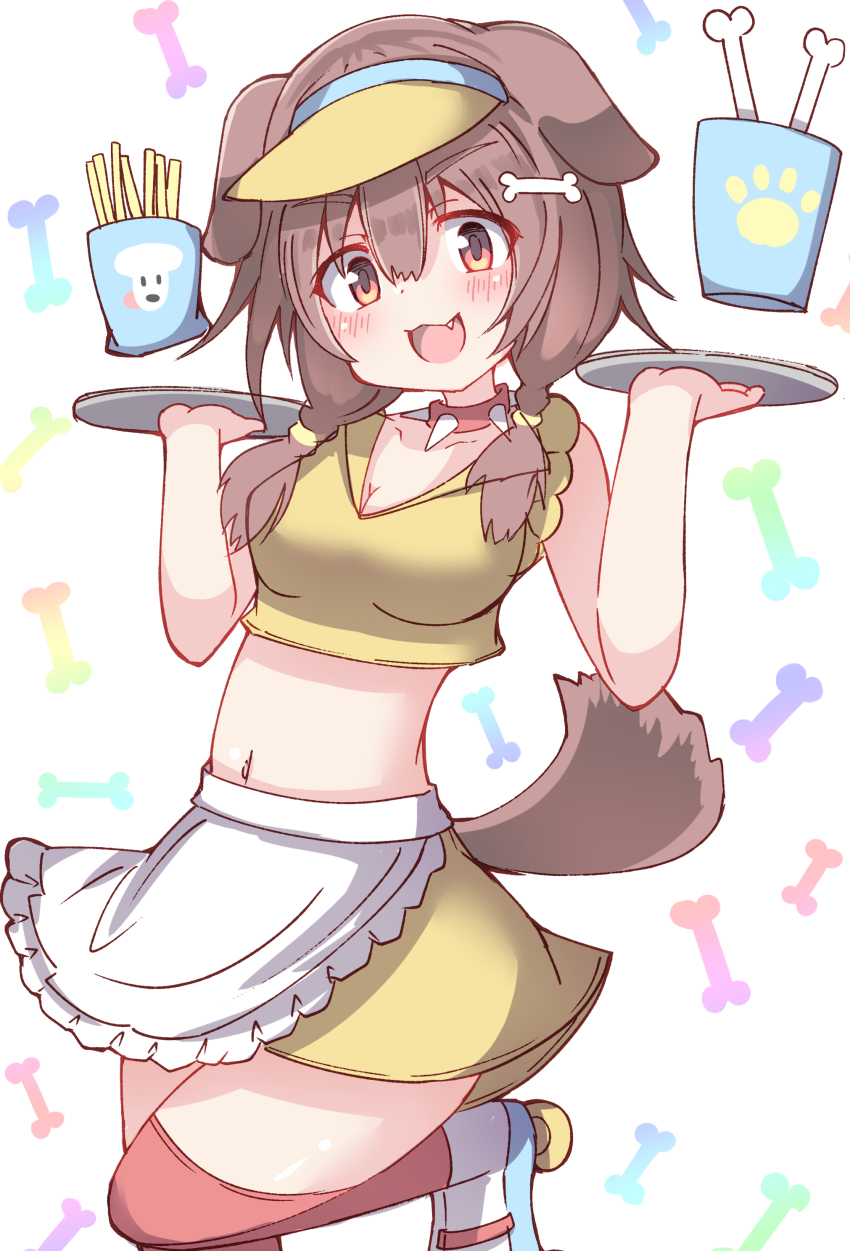 1girl :d absurdres animal_ears apron bare_arms blush bone_hair_ornament braid breasts brown_hair cartoon_bone cleavage commentary_request dog_ears dog_girl dog_tail fang food french_fries frilled_apron frills hair_between_eyes hair_ornament hair_over_shoulder hands_up hat highres holding holding_tray hololive hoso-inu inugami_korone looking_at_viewer low_twintails medium_breasts open_mouth red_eyes red_thighhighs roller_skates shirt simple_background skates skirt sleeveless sleeveless_shirt smile solo standing standing_on_one_leg tail thighhighs tray twin_braids twintails umberblack virtual_youtuber visor_cap waist_apron white_apron white_background white_footwear yellow_hat yellow_shirt yellow_skirt