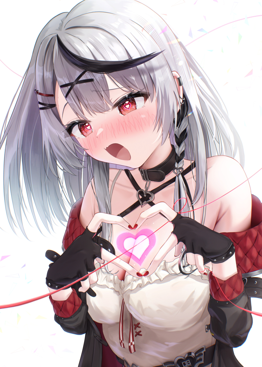 1girl absurdres belt_collar black_collar black_hair black_jacket blush breasts camisole cleavage collar ear_piercing grey_hair hair_ornament hairpin heart heart-shaped_pupils heart_hands highres hololive jacket large_breasts long_hair looking_at_viewer multicolored_hair nail_polish open_mouth piercing red_eyes red_jacket red_nails sakamata_chloe sakamata_chloe_(1st_costume) streaked_hair symbol-shaped_pupils takotakochan_1006 two-sided_fabric two-sided_jacket very_long_hair virtual_youtuber white_background white_camisole x_hair_ornament