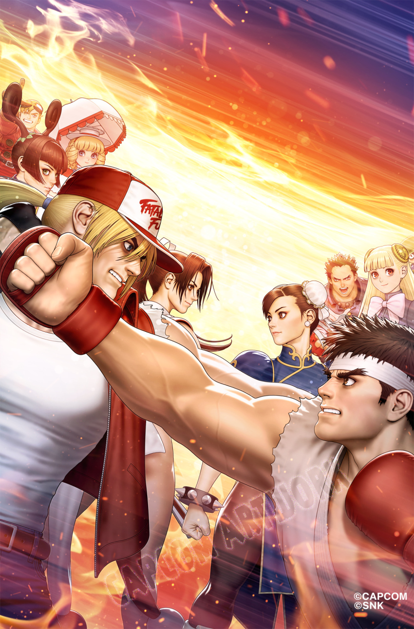 4boys 5girls bare_legs bracelet capcom capcom_fighting_jam capcom_vs_snk capcom_vs_snk_2 china_dress chinese_clothes chun-li dougi dress edward_fokker face-to-face fatal_fury headband highres ichimonji_batsu ingrid_(capcom) jacket jewelry julia_whitepearl june_lin_milliam justice_gakuen key_visual moero!_justice_gakuen mori_toshiaki multiple_boys multiple_girls official_art pete_(power_stone) power_stone power_stone_2 promotional_art punching red_jacket ryu_(street_fighter) shiranui_mai sleeveless sleeveless_jacket smile snk spiked_bracelet spikes star_gladiator street_fighter street_fighter_zero_(series) terry_bogard torn_clothes torn_sleeves umbrella