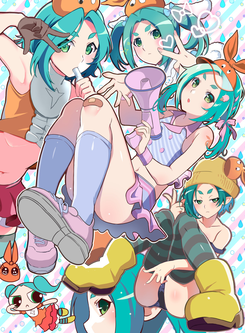 1girl absurdres aqua_hair bare_arms black_gloves blue_one-piece_swimsuit blue_socks boots closed_mouth commentary_request gloves green_eyes heart highres kneehighs mashimaro_tabetai monogatari_(series) multiple_views navel one-piece_swimsuit ononoki_yotsugi open_mouth pink_footwear pleated_skirt powerpuff_girls_(style) rubber_boots shoes skirt sneakers socks striped_clothes striped_thighhighs swimsuit thick_eyebrows thighhighs w yellow_footwear