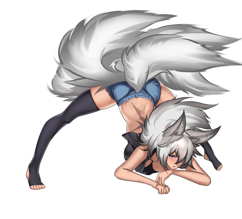 absurdres ainemswork animal_ears barefoot breasts denim denim_shorts fox_ears fox_tail highres jack-o&#039;_challenge kitsune large_breasts long_hair looking_at_viewer mithra_tsukiaki_(vtuber) multiple_tails non-web_source original scar scar_on_back shorts tail thighhighs virtual_youtuber