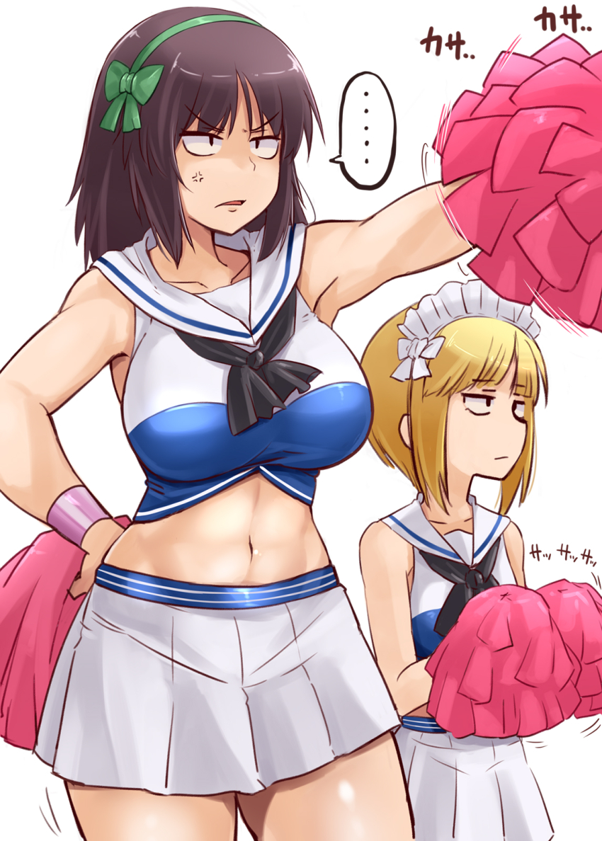 ... 2girls abs angry black_hair blonde_hair breasts cheerleader closed_mouth collarbone cutlass_(girls_und_panzer) girls_und_panzer hairband hand_on_own_hip highres kitayama_miuki large_breasts maid_headdress midriff miniskirt multiple_girls murakami_(girls_und_panzer) open_mouth pom_pom_(cheerleading) short_hair simple_background skirt white_background