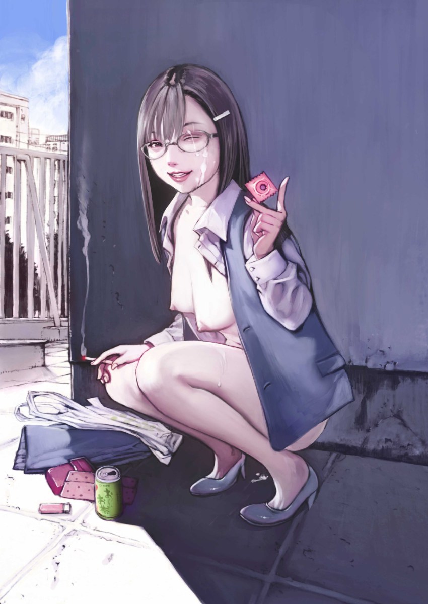 1girl absurdres aftersex bad_id bad_pixiv_id black_hair bottomless breasts brown_eyes can cigarette condom cum cum_in_pussy cum_on_body cum_on_eyewear cumdrip day dress_shirt facial female_focus formal_clothes glasses high_heels highres lighter lips medium_breasts naughty_face nipples office_lady one_eye_closed open_clothes open_shirt original sabotaged_condom sagging_breasts shirt shoes skirt skirt_suit smile smoking solo squatting suit tifa18 wink