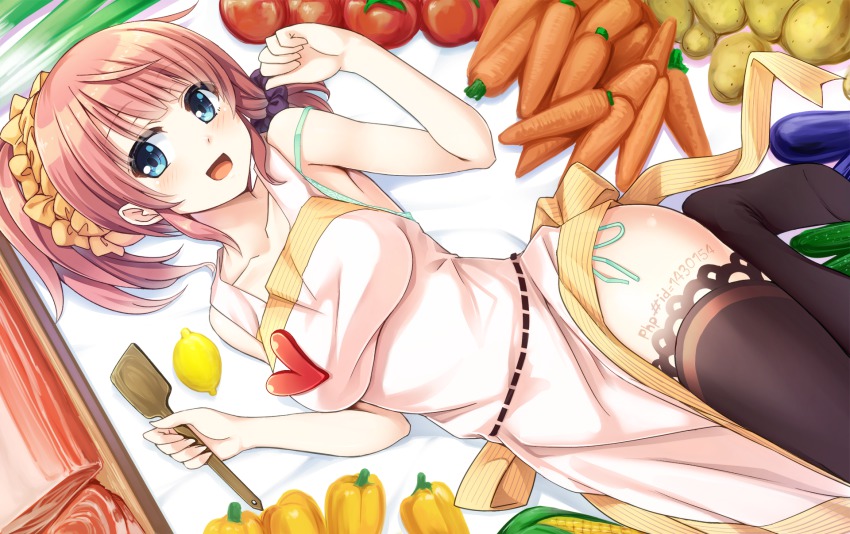 1girl apron bare_shoulders blue_eyes breasts carrot female_focus food fruit hair_ornament heart highres large_breasts looking_at_viewer lying open_mouth original pink_hair solo sorano_(12gou) thighhighs