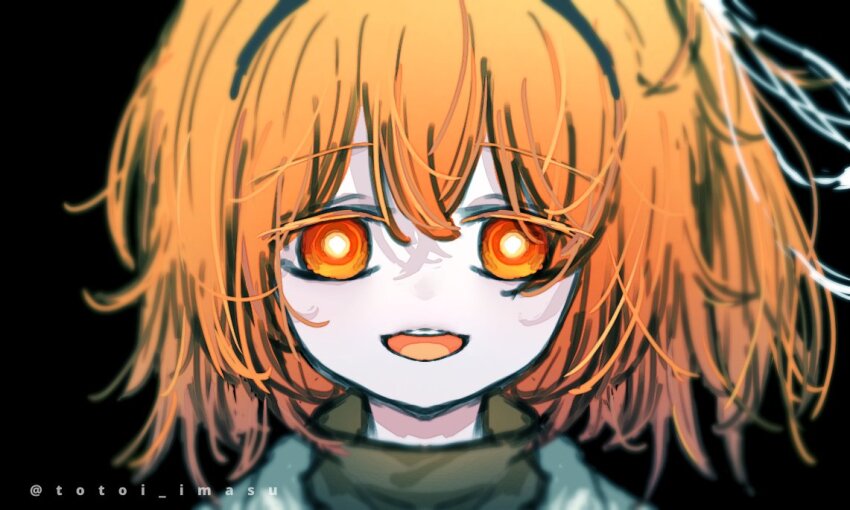 1girl a.i._voice adachi_rei black_shirt hair_between_eyes jacket looking_at_viewer open_mouth orange_eyes orange_hair portrait shirt solo straight-on teeth totoi_imasu twitter_username unkempt upper_teeth_only utau white_jacket