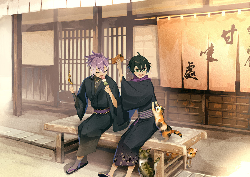 2boys ahoge bench black_hair calico cat closed_eyes curtains dango eating food green_eyes houhou_(black_lack) japanese_clothes kimono male_focus minamoto_kiyomaro multiple_boys open_mouth purple_hair sandals sanshoku_dango sitting skewer sliding_doors smile suishinshi_masahide taiyaki touken_ranbu wagashi yukata