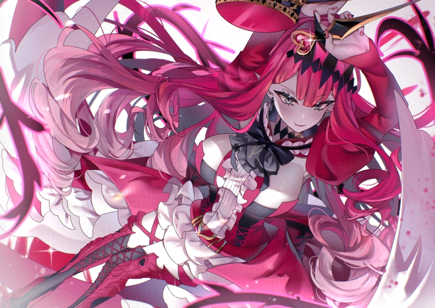 1girl arms_up baobhan_sith_(fate) baobhan_sith_(first_ascension)_(fate) blush boots breasts detached_sleeves dress earrings fang fate/grand_order fate_(series) frilled_dress frills grey_eyes hair_ornament hammer highres holding holding_hammer jewelry large_breasts long_hair looking_at_viewer pink_hair pointy_ears red_dress sidelocks smile solo stake thigh_boots trashochist