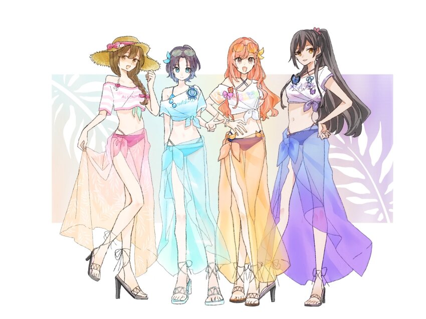 4girls arisugawa_natsuha asakura_toru asymmetrical_clothes bikini bikini_under_clothes black_hair brown_hair commentary_request crossed_legs eyewear_on_head full_body hat high_heels highres idolmaster idolmaster_shiny_colors kuwayama_chiyuki leaf leaf_background long_braid long_hair looking_at_viewer mitsunikomiii multiple_girls navel off-shoulder_shirt off_shoulder orange_hair ponytail purple_hair sarong see-through_clothes see-through_sarong shirase_sakuya shirt short_sleeves single_bare_shoulder smile standing standing_on_one_leg stomach straw_hat swimsuit tied_shirt tinted_eyewear v watson_cross