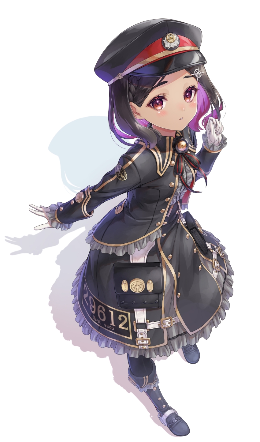 1girl absurdres black_hair boots braid center_frills colored_inner_hair dress frills full_body gloves hair_ornament hat highres jacket looking_at_viewer maitetsu multicolored_hair neck_ribbon official_art parted_lips peaked_cap purple_eyes purple_hair rail_romanesque ribbon short_hair simple_background solo taue_shunsuke two-tone_hair white_background