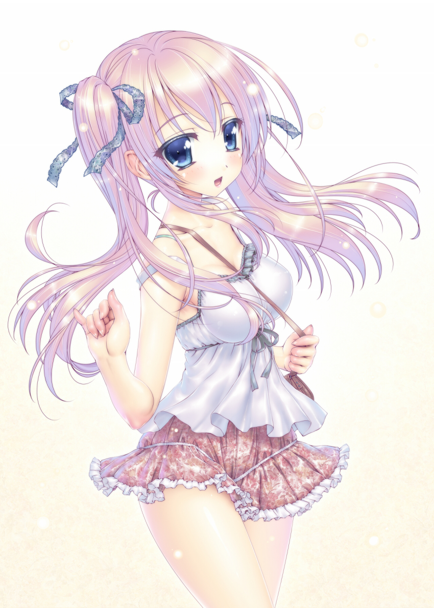 1girl :d amakawa_akito bag between_breasts blouse blue_eyes breasts casual female_focus hair_ribbon highres medium_breasts open_mouth original pink_hair ribbon shirt shoulder_bag skirt smile solo strap_between_breasts twintails