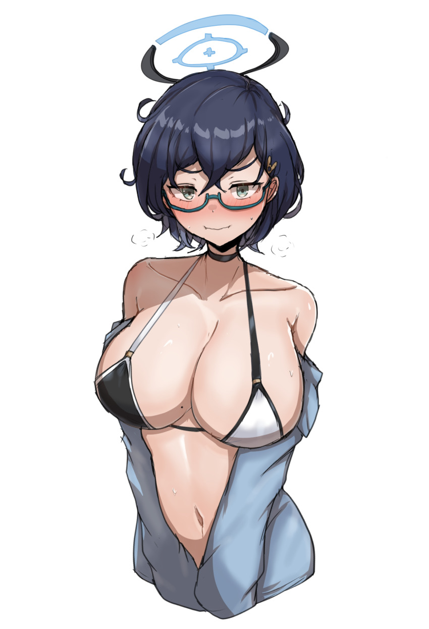 1girl bikini black_bikini black_choker black_hair black_halo blue_archive blue_halo breasts chihiro_(blue_archive) choker collarbone commentary_request glasses green-framed_eyewear halo highres korean_commentary large_breasts looking_at_viewer mole mole_on_breast multicolored_bikini multicolored_halo navel semi-rimless_eyewear short_hair simple_background skyhood solo swimsuit two-tone_bikini two-tone_halo under-rim_eyewear white_background white_bikini