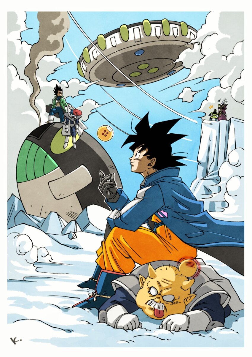 1girl 5boys belt black_eyes blue_belt blue_footwear blue_sky boots border bulma closed_mouth cloud commentary_request dragon_ball dragon_ball_(object) dragon_ball_super dragon_ball_super_broly floating from_side full_body glacier gloves green_jacket grey_gloves head_bump highres holding jacket kakeru_(dbskakeru) layered_clothes male_focus multiple_boys orange_dougi outdoors sitting sitting_on_person sky smile snow son_goku spiked_hair tossing tundra vegeta whis white_border white_footwear