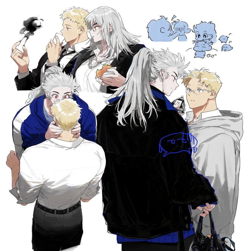 1boy 1girl black_jacket blonde_hair blue_jacket bright_pupils burger chibi dorohedoro drinking earrings eating food glasses grey_hair grey_hoodie hetero highres hood hood_down hoodie jacket jewelry long_hair noi_(dorohedoro) odagorom onigiri parted_lips ponytail shin_(dorohedoro) shirt white_background white_pupils white_shirt